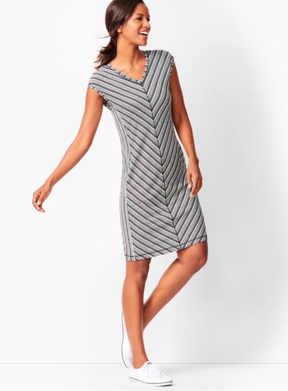 T By Talbots Womens XL Petite Stripe Shift Midi Dress Soft Casual Black White